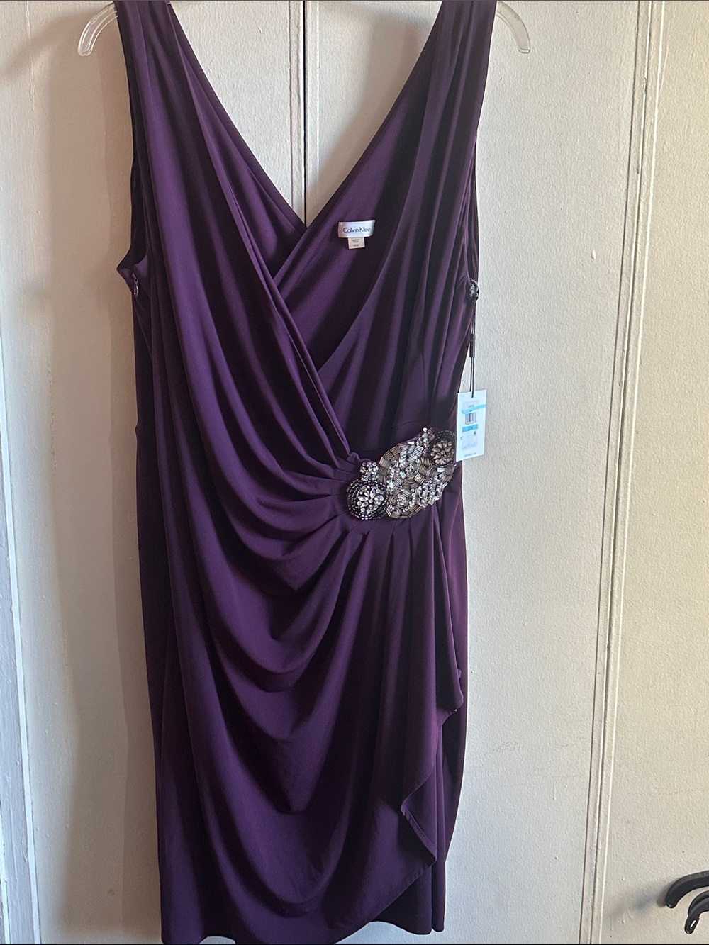 Calvin Klein Purple Draped Evening Dress with Embellished Waist